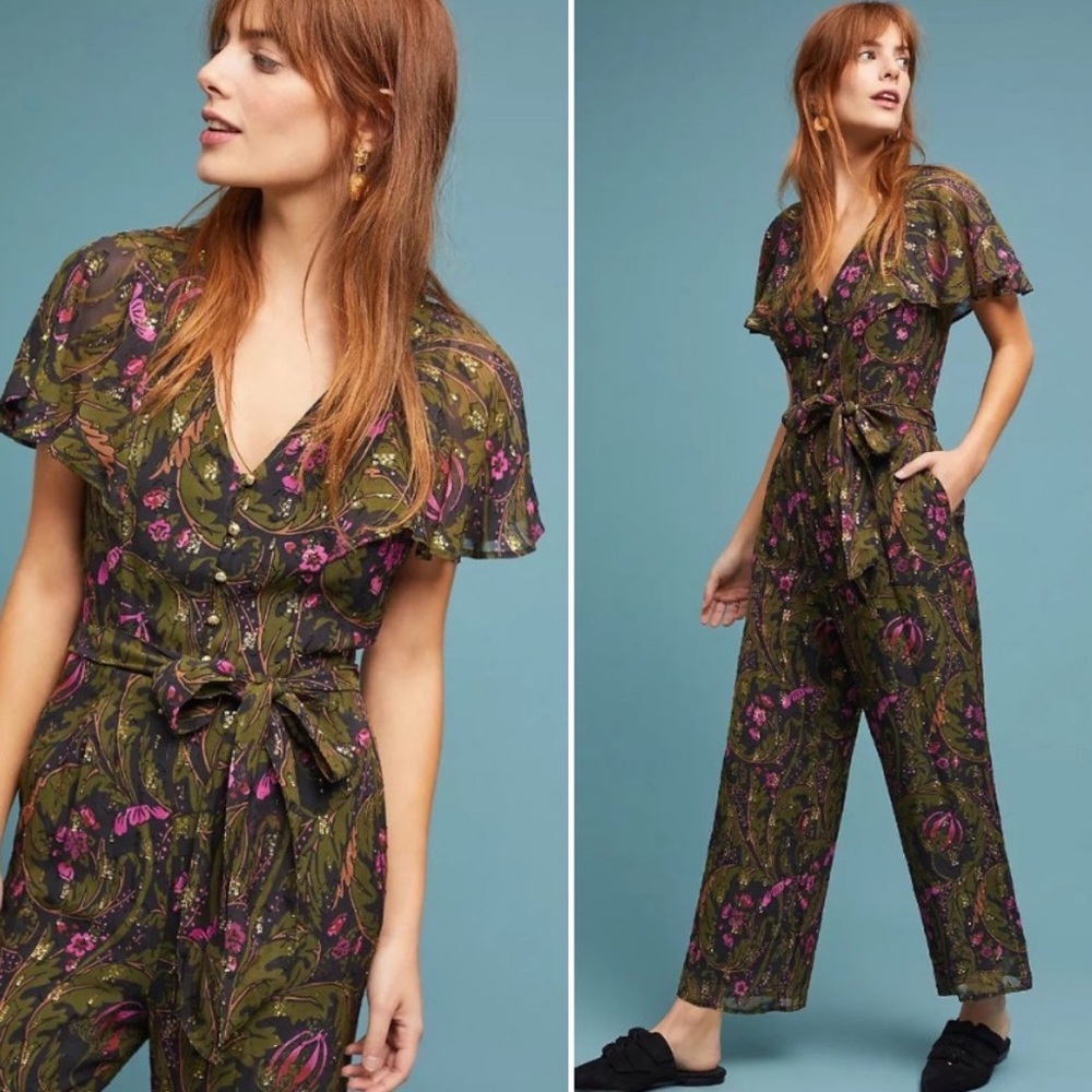 Anthropologie Floral Jumpsuit - Green and Pink